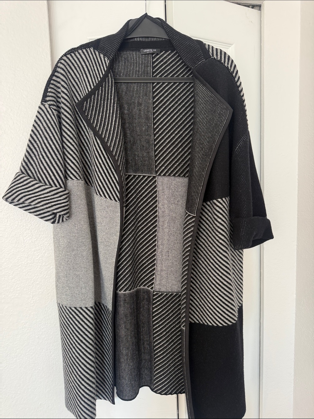 Lafayette 148 New York Black & Gray Intarsia Open-Front Coatigan